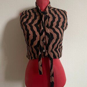 Vintage Sleeveless Button-up blouse with geometric stripes and collar tie detail
